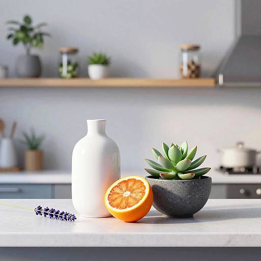 Minimalist Kitchen Still Life with Succulent and Blood Orange