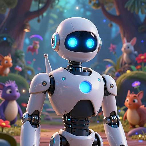 CGI image of a glowing blue-eyed, white robot in a vibrant, whimsical forest with colorful, cartoonish animals and mushrooms.