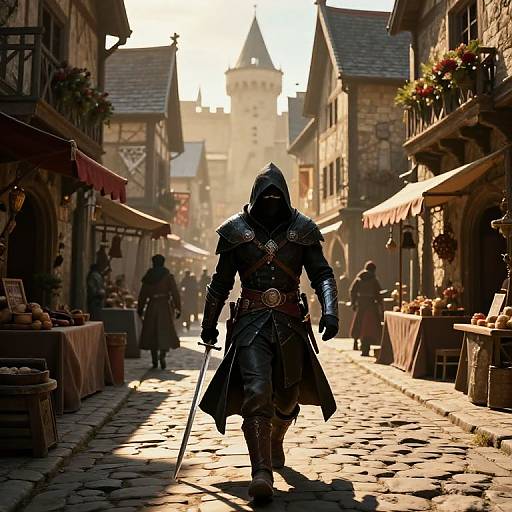 Photograph of a hooded, armored medieval warrior with a sword, walking down a sunlit, cobblestone street in a quaint, medieval village