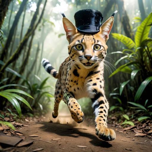Serval Cat Wearing Top Hat Running in Jungle