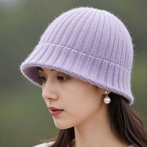 Photograph of an Asian woman with fair skin, wearing a light purple knitted bucket hat, pearl earrings, and looking to the side. Blurred
