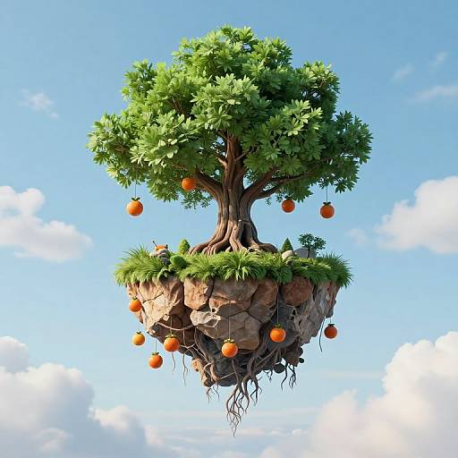 Digital artwork of a floating orange tree on a rocky island, with vibrant green leaves, orange fruits, and roots dangling. Clear blue sky background with white