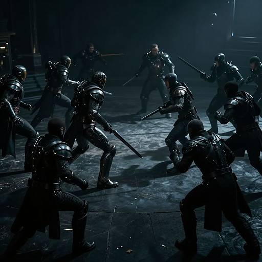 Photograph of eight armored soldiers in combat stances, holding guns, illuminated by blue lighting, standing in a dark, gritty, industrial environment.