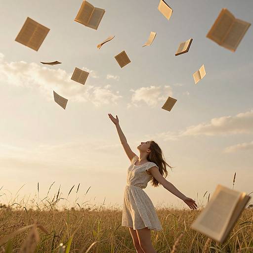 Photograph of a young woman in a white dress, arms outstretched, watching books float in a golden sunset field.