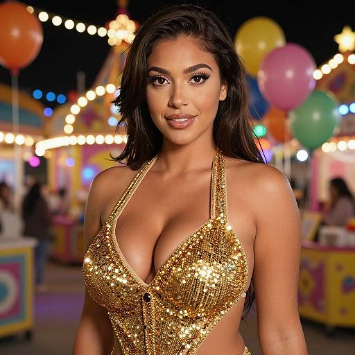 Photograph of a smiling woman with long dark hair wearing a glittery gold sequin halter top at a colorful, festive carnival at night. Bright