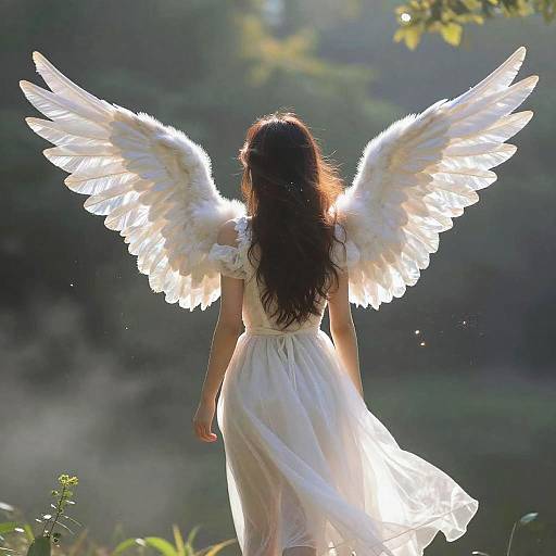 Photograph of a woman with long brown hair, wearing a white dress and ethereal white feathered wings, standing in a sunlit forest, back
