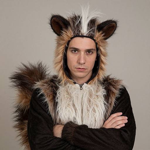 Photograph of a serious man with light skin wearing a brown and white raccoon costume, including fur ears and tail, against a plain gray background.