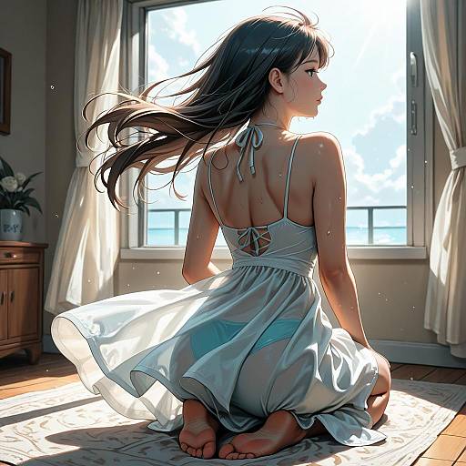 Digital anime-style artwork of a woman with long brown hair, wearing a white, flowing sundress, kneeling on a rug by a sunlit window.