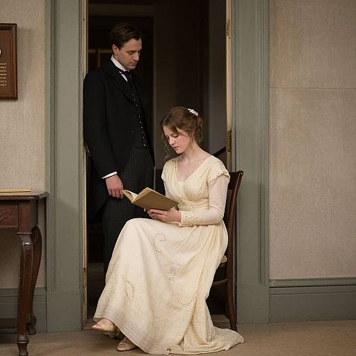 Photograph of a Victorian-style scene: a woman in a cream, lace-trimmed wedding dress reads a book while seated, a suited man stands
