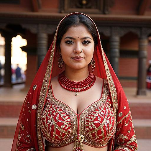 Photograph of a young South Asian woman in a vibrant red traditional wedding outfit with gold embroidery, wearing a matching red veil, necklace, and earrings,