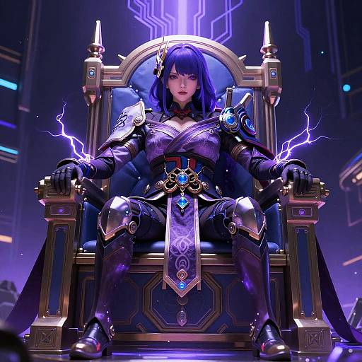 Digital art of a purple-haired woman in elaborate black and gold armor, seated on a throne, with purple lightning emitting from her hands, in a futuristic