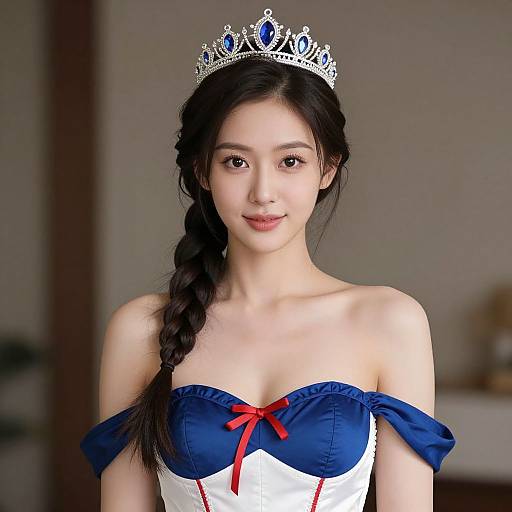 Photograph of an Asian woman with fair skin, black braided hair, wearing a blue and white off-shoulder dress with red ribbon, and