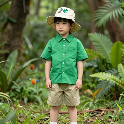 Photograph of a young Asian boy in a green shirt, beige shorts, and white hat with a green leaf, standing in a lush, tropical forest