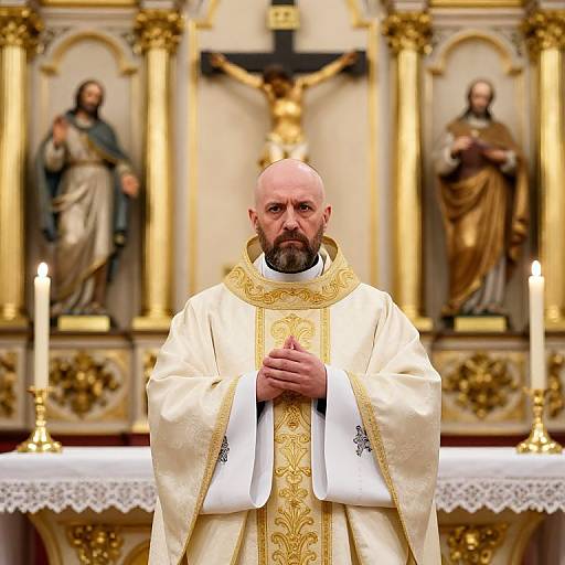 Serious Catholic Priest in Ornate Church