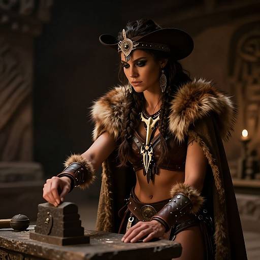 Photograph of a fierce, dark-haired woman in fur-trimmed cowboy attire, black hat, and tribal necklace, working at a wooden table in