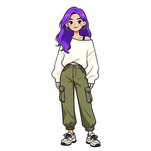 Digital anime-style drawing of a young woman with purple hair, white off-shoulder sweater, olive cargo pants, and black-and-white sneakers.