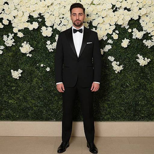 Photograph of a bearded man in a black tuxedo with bow tie, standing against a lush, white flower-covered green wall.