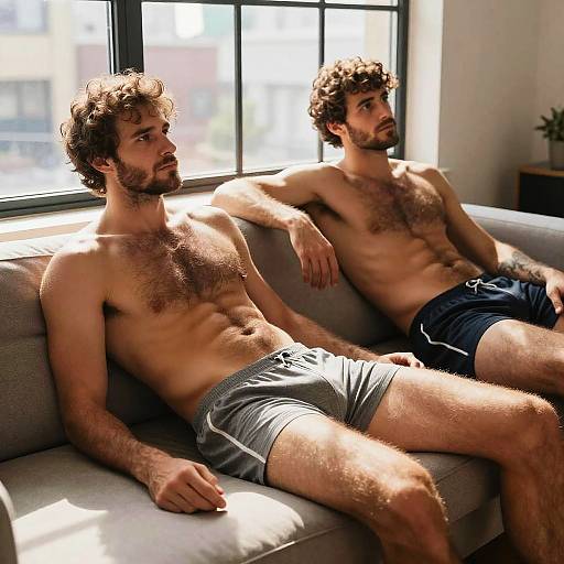Hairy Men Lounging in Urban Loft