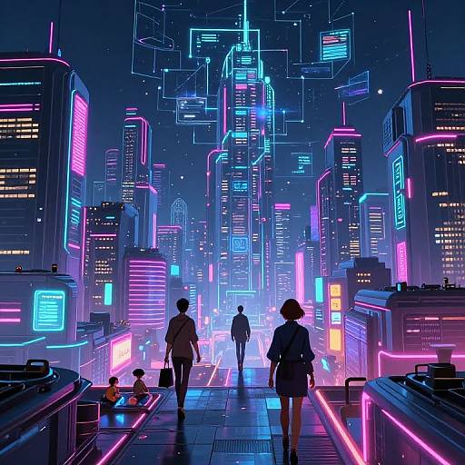 Neon-lit, cyberpunk cityscape at night featuring three pedestrians walking away from glowing skyscrapers with vibrant blue, pink, and purple lights