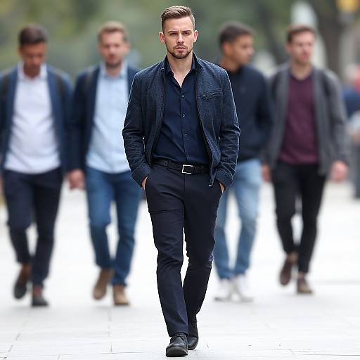 Photograph of a bearded, fair-skinned man with short brown hair, wearing a black denim jacket and black pants, confidently walking forward in a
