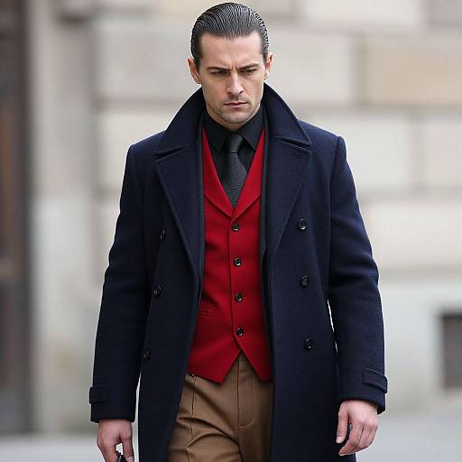 Photograph of a serious-looking man with slicked-back hair, wearing a black overcoat, red waistcoat, black tie, and brown pants,