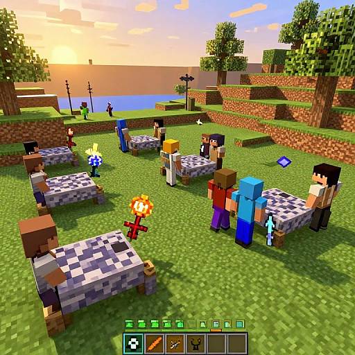 Pixel art screenshot of Minecraft game: Players with blocky bodies stand by checkered beds in grassy, sunset-lit park with trees and ocean.