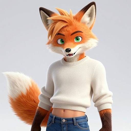 Digital art of a cute anthropomorphic orange fox with green eyes, wearing a white sweater and blue jeans, smiling with a fluffy tail.