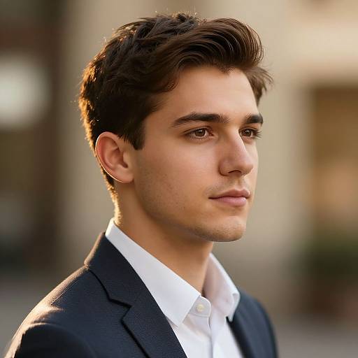 Photograph of a young man with dark brown hair, light skin, and brown eyes, wearing a black suit and white shirt, standing outdoors with a