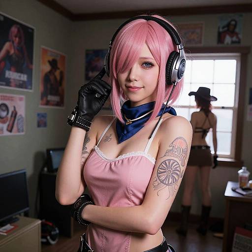 Photograph of a pink-haired anime-style woman with tattoos, wearing headphones, black gloves, pink tank top, and blue scarf, in a cluttered