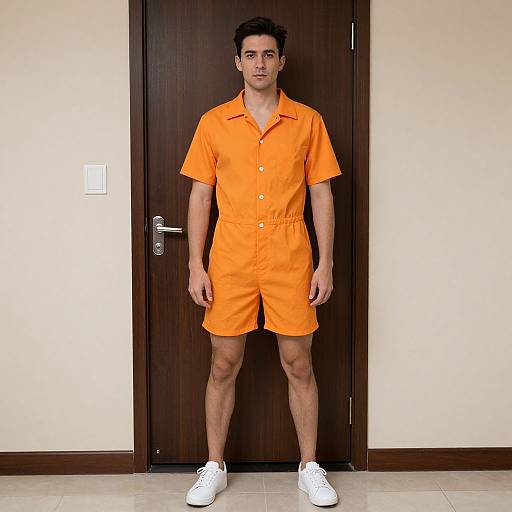 Photograph of a young man with short dark hair, wearing an orange prison jumpsuit, white sneakers, standing against a wooden door in a beige-w