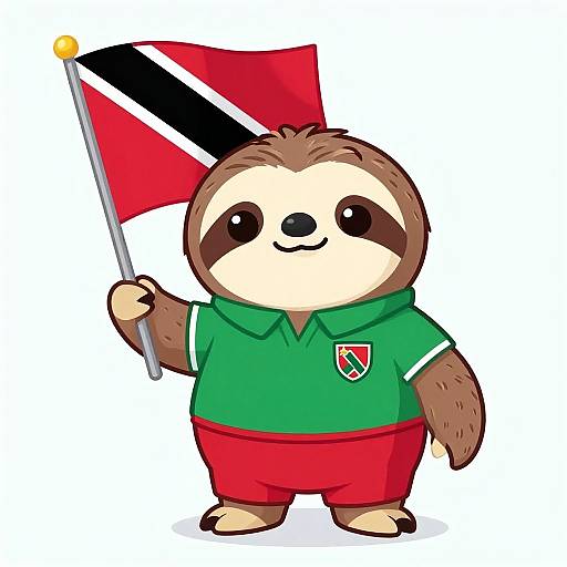 Chibi-style drawing of a cute, brown, raccoon-like character in a green jersey and red shorts, holding a red, black, and white