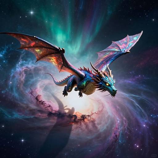 Digital art of a vibrant, blue-and-red dragon with glowing eyes soaring through a colorful, cosmic nebula with swirling galaxies and stars.