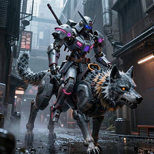 Cyber Samurai on Neon Mech-Wolf