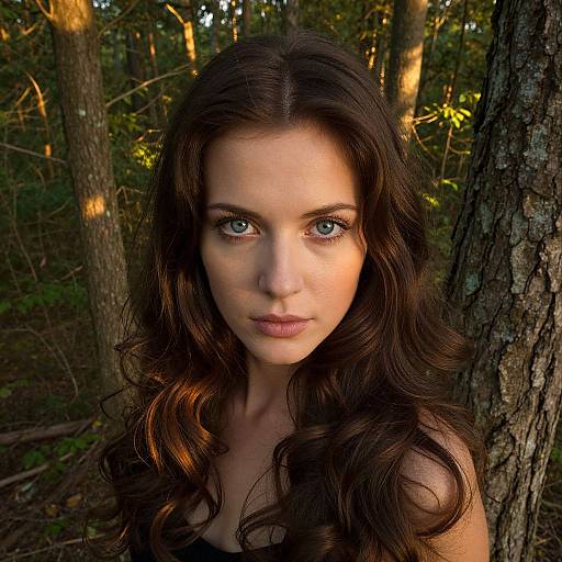 Photograph of a young woman with long, wavy brown hair, blue eyes, and fair skin, standing in a sunlit forest, looking directly
