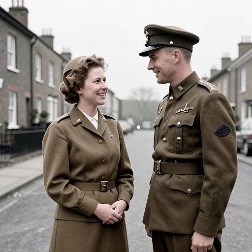 Photograph of a smiling 1940s-era Caucasian couple in military uniforms standing on a suburban street, with brick houses in the background.