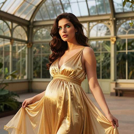 Pregnant Woman in Gold Maternity Gown in Botanical Greenhouse