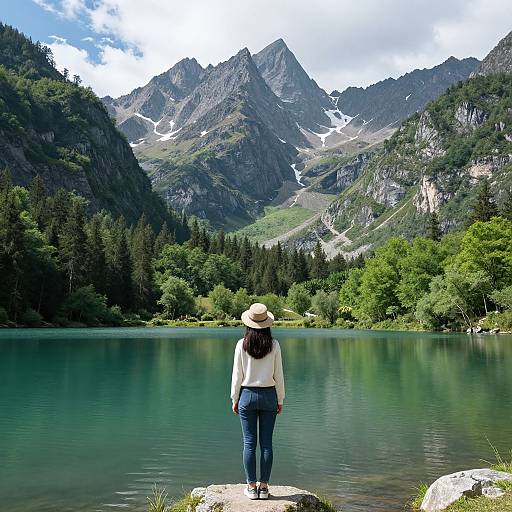 Photograph of a woman with long dark hair, wearing a white shirt, blue jeans, and a wide-brimmed hat, standing on a rock