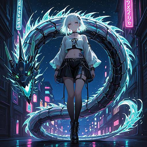 Cyberpunk Girl with Robotic Dragon at Night in Harajuku