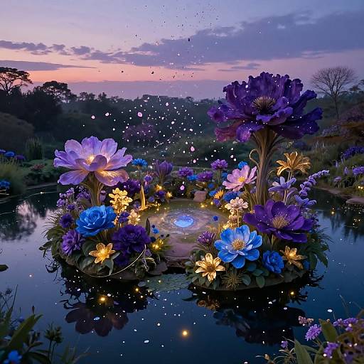 Digital artwork of a glowing, purple and blue flower island in a serene, twilight pond with sparkling lights and a colorful sunset sky in the background.