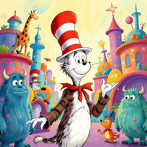 Colorful cartoon scene: Cat in red-striped hat and brown suit, surrounded by blue and green fuzzy creatures, in whimsical castle city.
