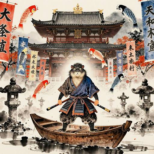 Porcupine Samurai in Autumn Temple