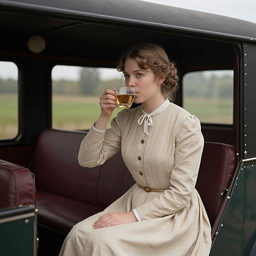 Vintage Woman Drinking Tea on Train