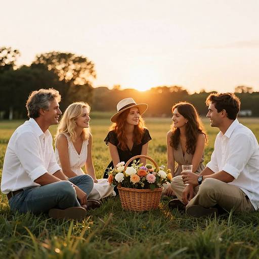 Group Sitting in Field at Sunset