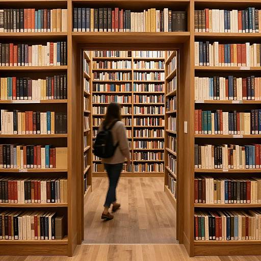Photograph of a library aisle, showing a blurred silhouette of a person with a backpack walking through tall, wooden bookshelves filled with colorful books.