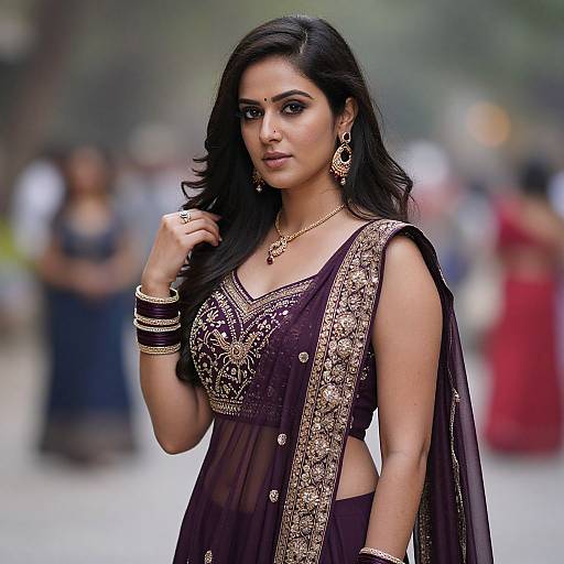 Photograph of an Indian woman with long black hair, wearing a black and gold embroidered saree, gold jewelry, and bracelets, standing outdoors with a
