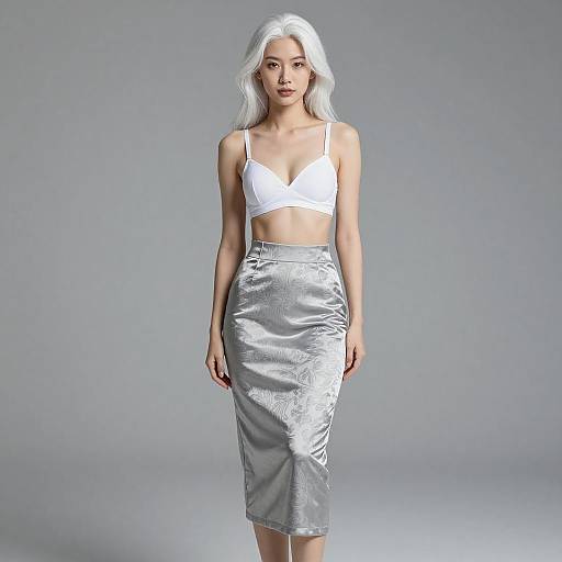 Elegant Woman in White Bralette and Silver Skirt