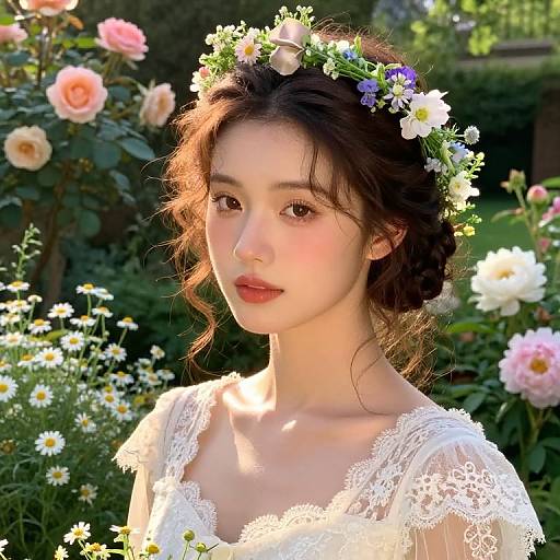 Photograph of an East Asian woman with fair skin, wearing a white lace dress and a floral crown, surrounded by blooming flowers in a sunlit