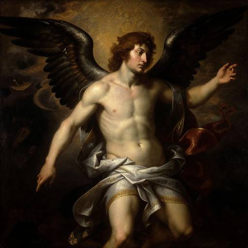 Baroque painting of a muscular, shirtless angel with dark wings, flowing white cloth around waist, gold halo, and raised right arm.