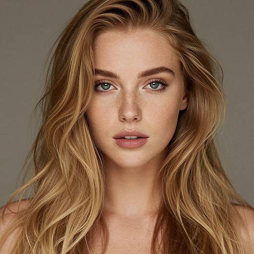 Photograph of a fair-skinned, blue-eyed young woman with long, wavy blonde hair and subtle freckles, looking directly at the camera