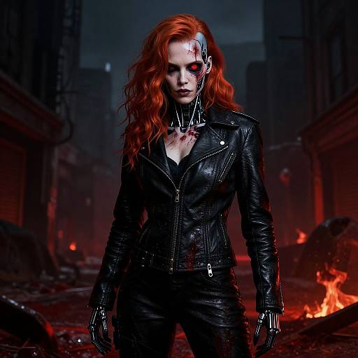 Photograph-style CGI of a fierce, red-haired woman in black leather jacket, cybernetic ear, and spiked choker, standing in a dark